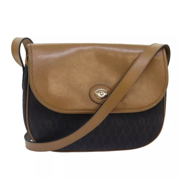 Christian Dior Honeycomb Canvas Shoulder Bag PVC Leather Black Gold Auth yk14590